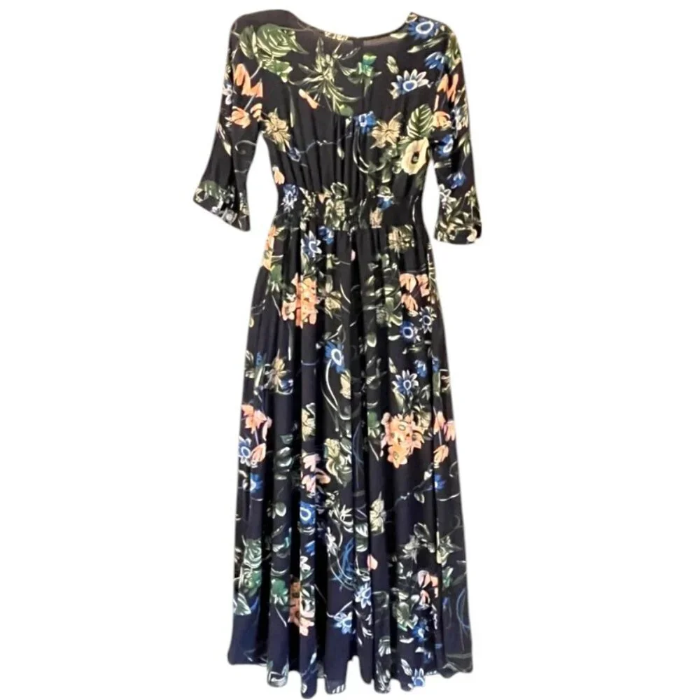 NWOT Floral Dress Navy Button Front Tassel Tie Smocked Waist Sm Cottagecore Boho